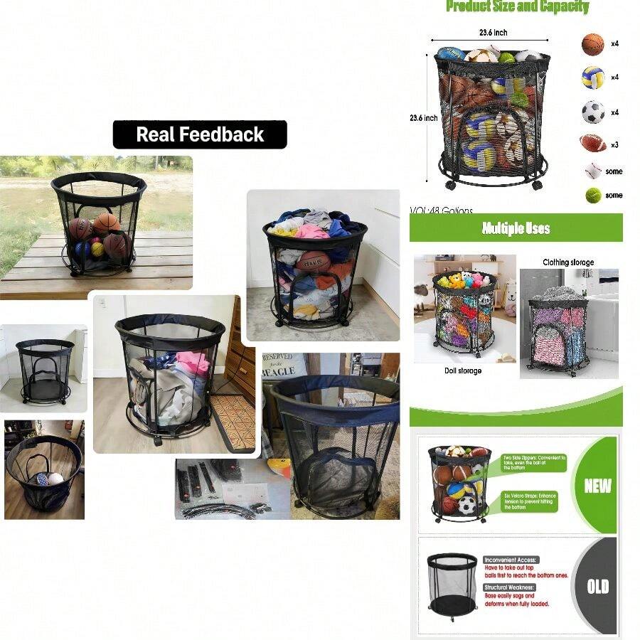 Ball Storage Containers With Wheels And Side Zippers, 48-Gallon Rolling Cart Mesh Organizer Soccer Basketball Clothing, Heavy-Duty Storage Bin Garage, Playroom, Home - Default - View 1