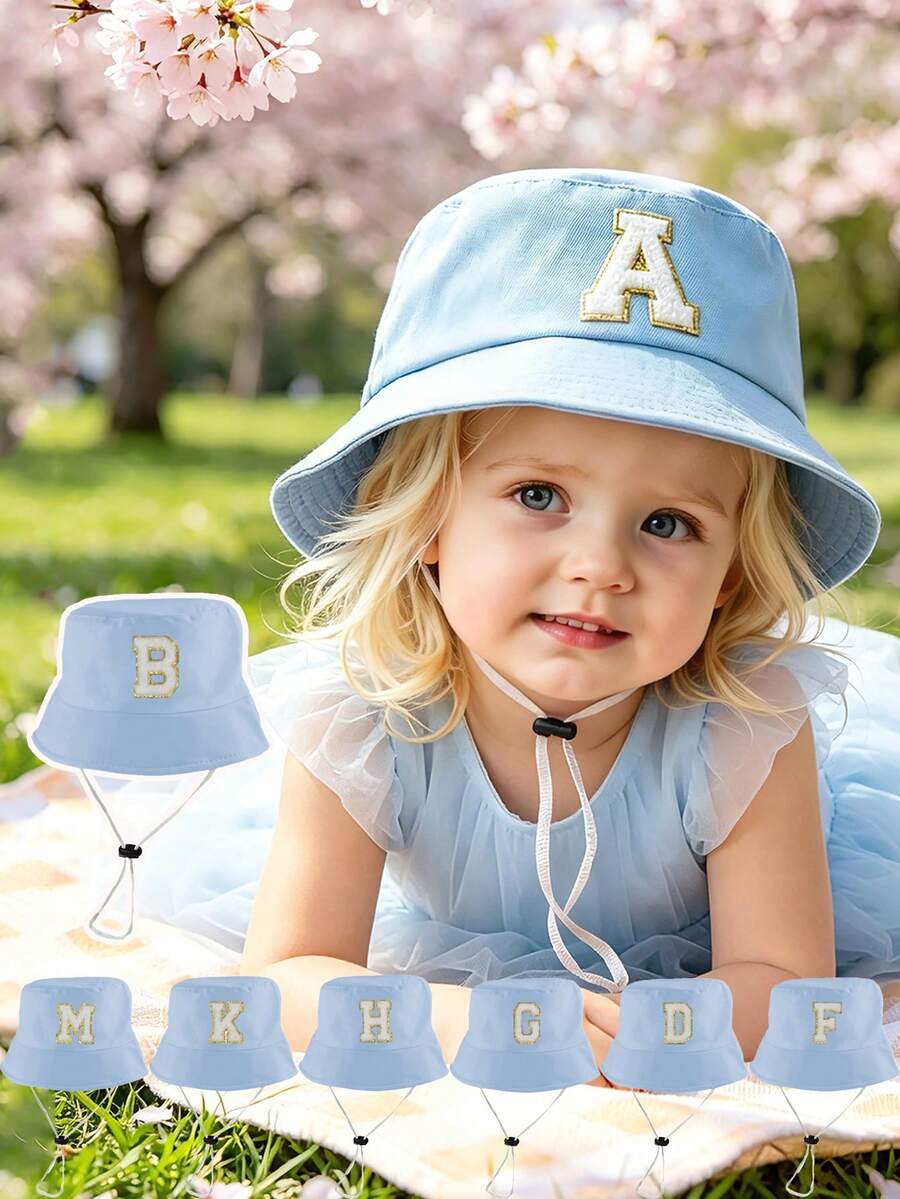 1 pieza Sombrero de sol ajustable rosa para niños con parche de chenilla con letra linda, sombrero de cubo transpirable para juegos al aire libre, viajes, guardería y uso diario para niños de 0 a 4 años - azul cielo - Ver 1