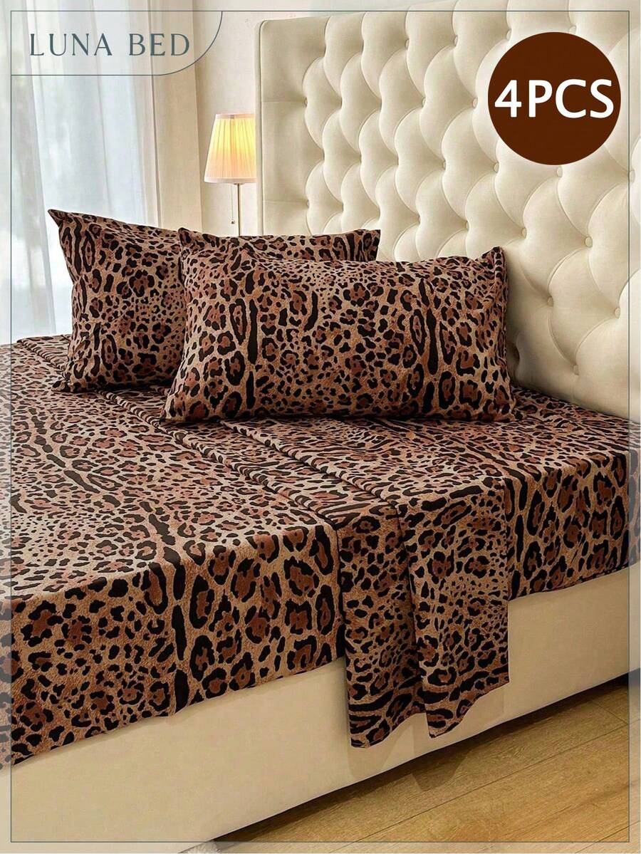 4pcs Polyester Leopard Print Bedding Set (2 Pillowcases + 1 Bed Sheet + 1 Fitted Sheet) - Multicolor - View 1
