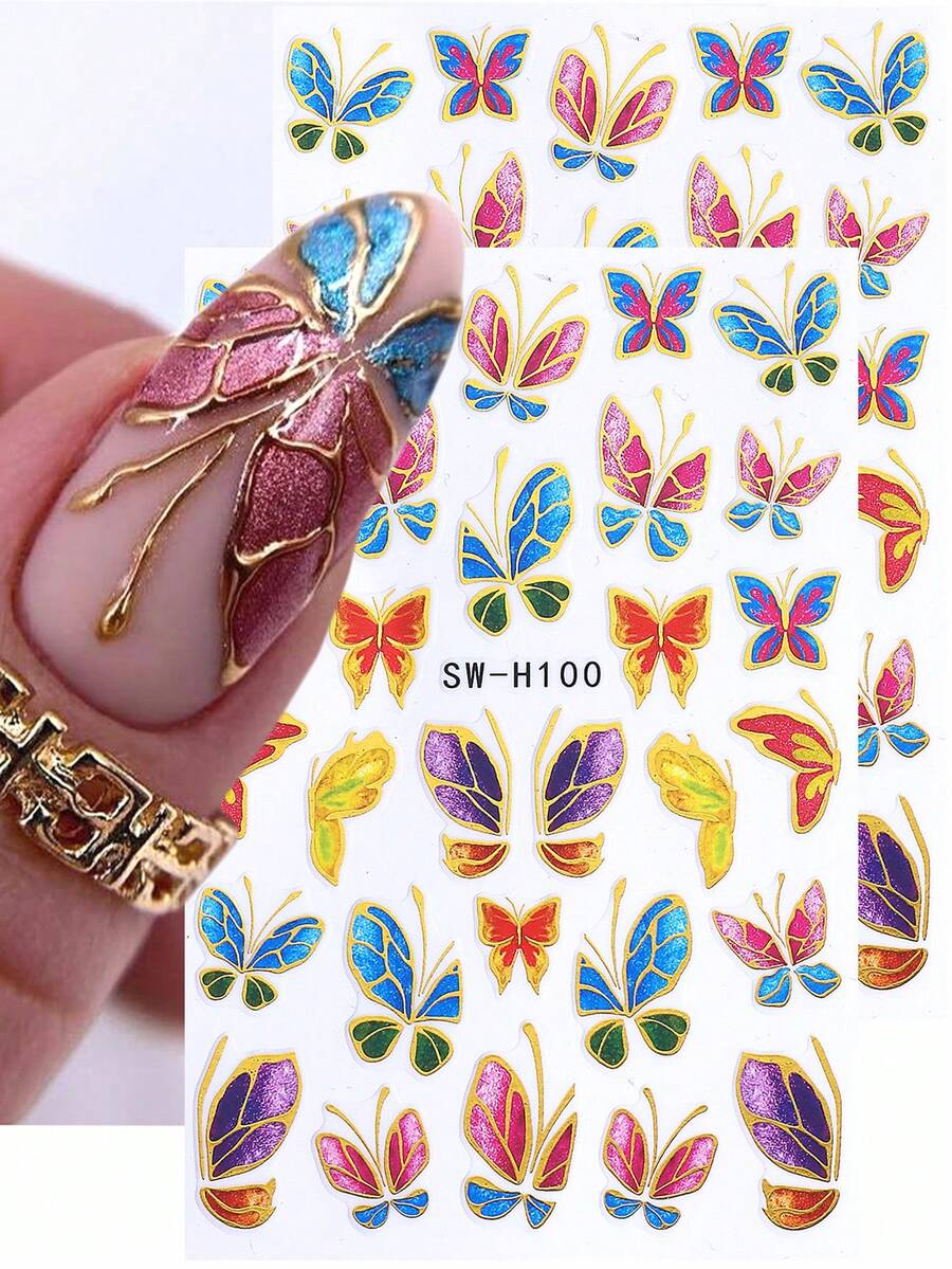 SWEET TREND 3D Metallic Colorful Butterfly Nail Stickers 2pcs Hot Stamping Gold Lines Vibrant Gradient Butterfly Cartoon Animal Design DIY Y2K Holographic Spring Summer Self-Adhesive Gel Polish Salon Manicure Decals Slider Nail Art Decoration - Multicolor - View 1