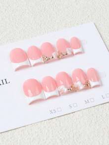 10pcs Handmade French Style Sweet Pink 3D Bow Gold Rhinestone Reusable Full Cover False Nails, Suitable For Dates, Daily Wear, And Gifts For Women And Girls - Baby Pink - View 6