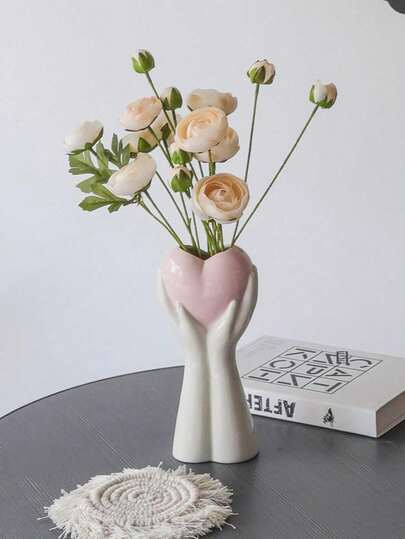 Pink Heart-Shaped Vase With White Hand Holder, Home Decor, Tabletop Decoration, Floral Arrangement, Minimalist Style, Unique Art Vase, Indoor Decoration, Valentine's Day Gift