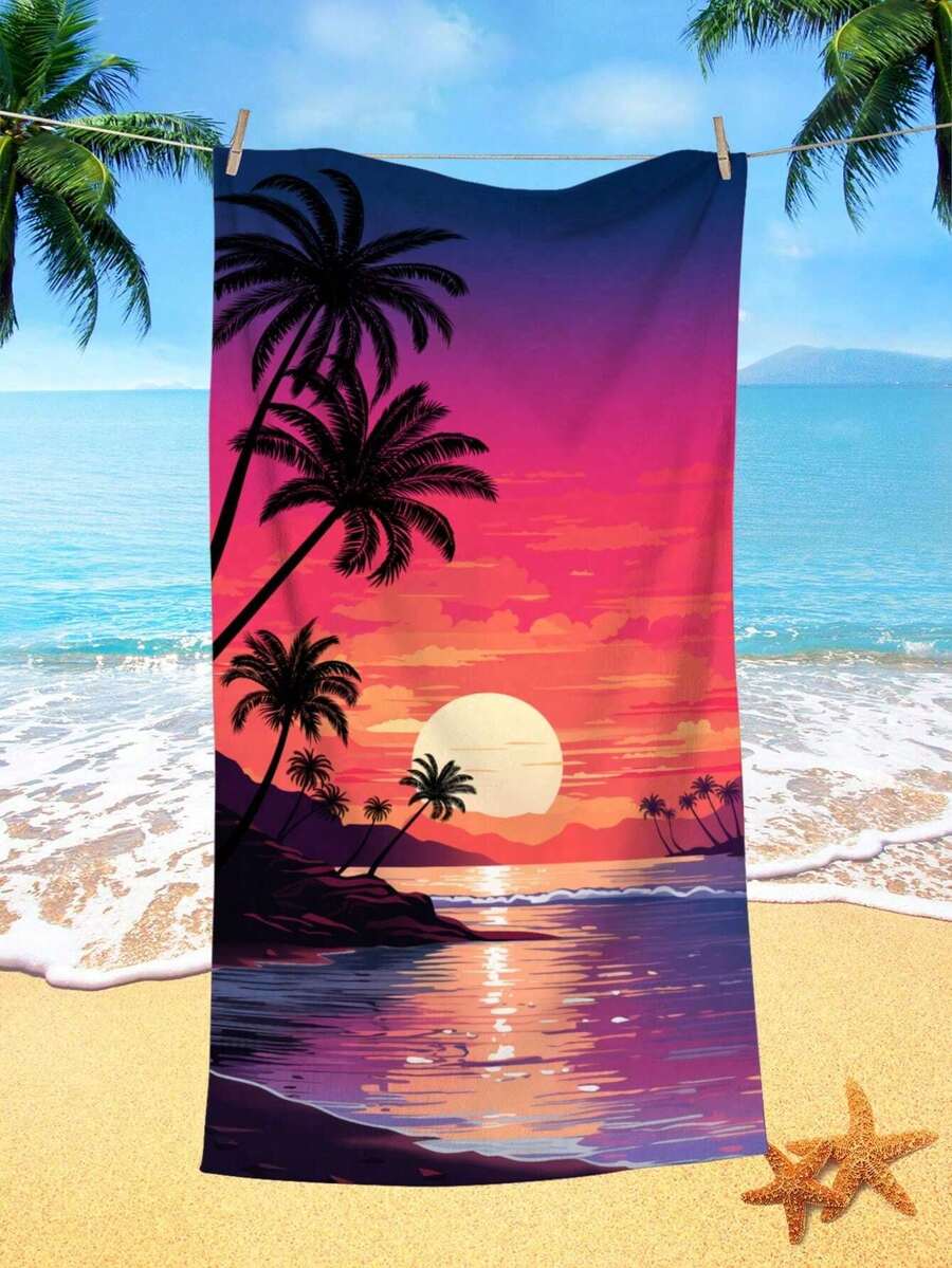 1pc Sunset Island & Coconut Tree Pattern Beach Towel, Super Soft Fiber Printed Quick-Dry Absorbent Towel Suitable For Swimming, Vacation, Travel, Outdoor Camping, Home, Bathroom - Large Beach Towels, Microfiber Beach Towel, Round Beach Towel, Striped Beach Towel, Good For The Beach, Dries Fast, Soft Beach Towel, Summer Essential, Cute Beach Towel, Cruise Essentials, Pool Essentials, Vacation Essentials, Camping Essentials, Beach Essentials, Beach Accessories For Women, Beach Towels Oversized - 彩色 - 查看 1