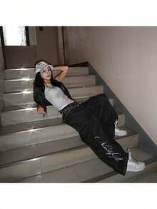 Street Women's Clothing Branch Line Angel Wings Rhinestone Embroidery Y2k Millennium Straight Loose Denim Trousers - 黑色 - 查看 1