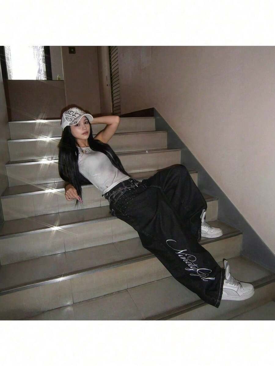 Street Women's Clothing Branch Line Angel Wings Rhinestone Embroidery Y2k Millennium Straight Loose Denim Trousers - 黑色 - 查看 1