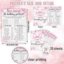 20pcs Pink Birthday Party Game Cards - Pink Bow Themed Pajama Party Supplies - Birthday Night Game Ideas - Multicolor - View 2