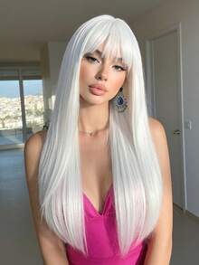 26英寸女士长直白色合成假发，带刘海，适合派对、角色扮演，耐热 - 白色 - 查看 1