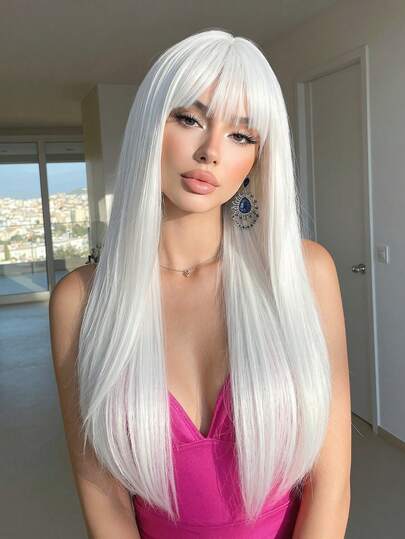 26英寸女士长直白色合成假发，带刘海，适合派对、角色扮演，耐热