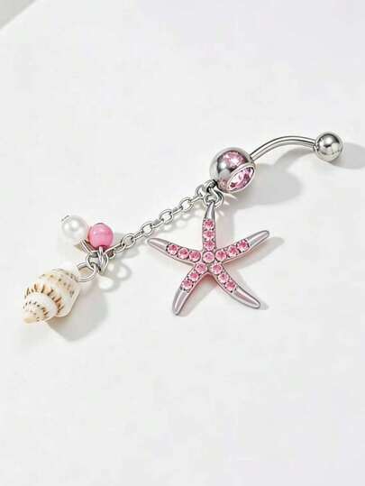 1pc Cute Starfish & Shell Design Navel Piercing Ring, Simple Style Belly Button Piercing Jewelry, Suitable For Beach Vacation, Summer Party, Travel, Daily Wear
