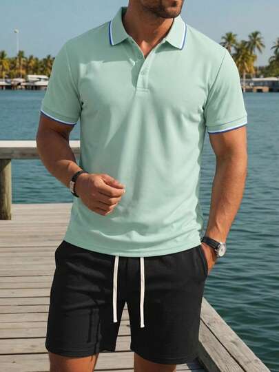 2pcs/Set Men's Light Green Contrast Trim Polo Shirt + Black Waffle Fabric Shorts, Classic Polo Collar T-Shirt, Drawstring Elastic Waist Shorts, Machine Washable, Summer Casual Holiday Style