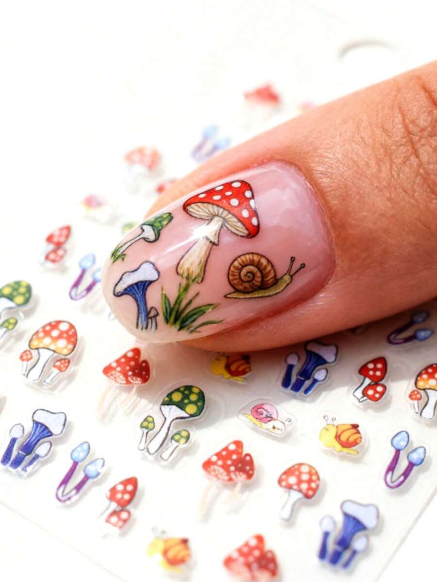 1 Stück geprägte irisierend bunte Pilz- und Schnecken-Nagel-Sticker, Cartoon-Thema, glänzender Effekt, asymmetrische Form, geeignet für Frauen-Maniküre, Fußpflege, Feiertags-Dekoration - Verschiedenfarbig - Übersicht 1