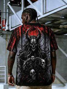 Men's Loose Fit Skull & Demon Print Gothic Style T-Shirt, Black & Red - Black - View 3