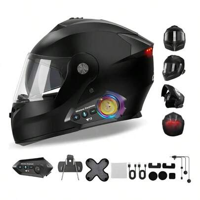 Casco Abatible para Motocicleta con Bluetooth, Certificación DOT y Luz LED, Alta  y Confort