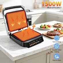 SUSTEAS LCD Sandwich Maker And Breakfast Machine With LCD Temperature Display, 304 Stainless Steel, Ideal For Breakfast, Sandwich Toasting, And Grilling Meat - Black - View 7