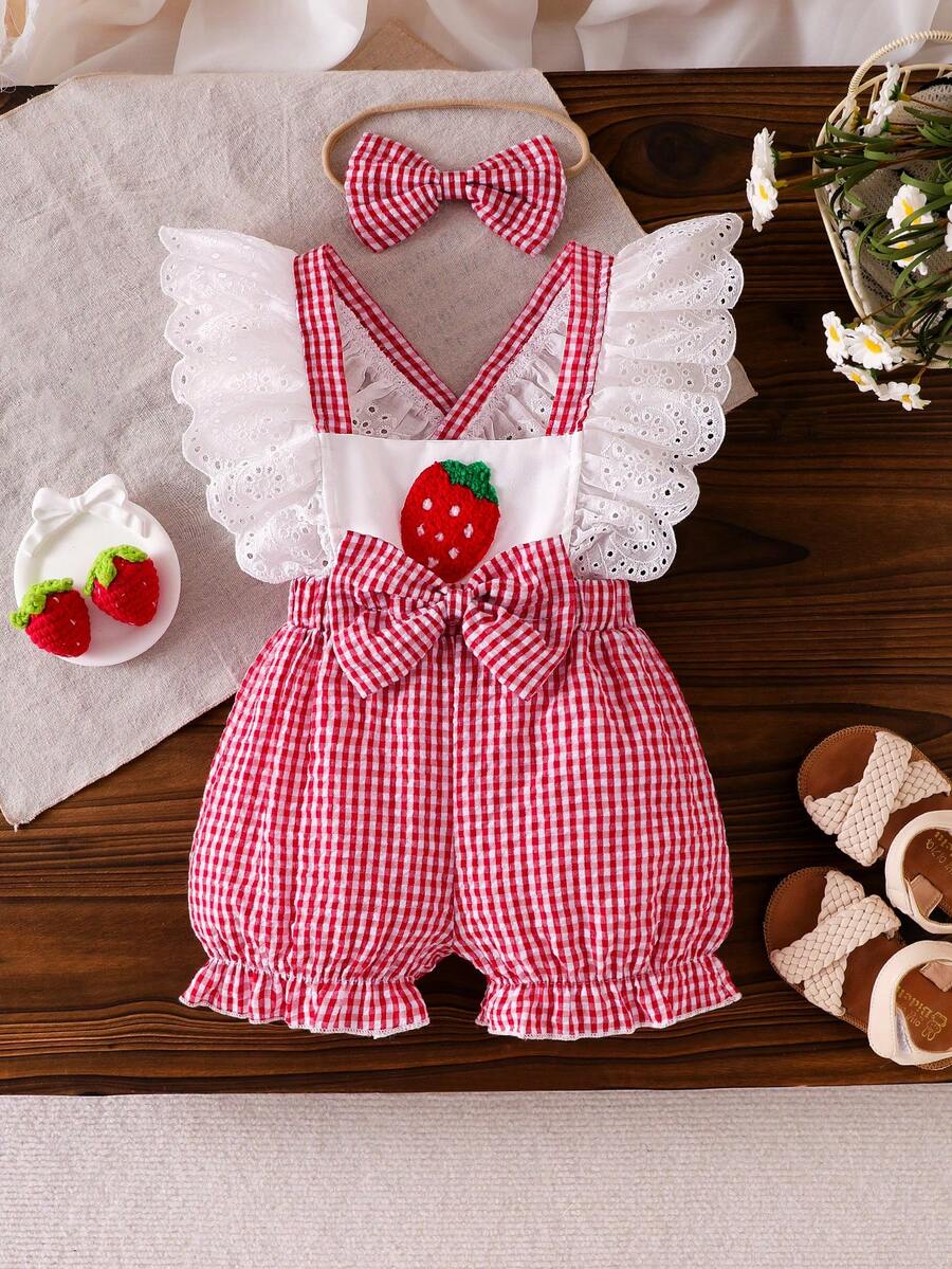 Baby Girl Energetic Cute Fresh Pastoral 2-Piece Set: Strawberry Embroidery Plaid Hollow Lace Flutter Sleeve Backless Ruffled Hem Romper With Oversized Bow Headband - Red - View 1