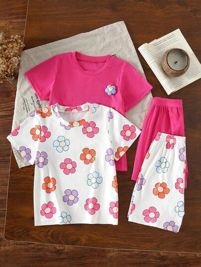 Bộ 4 món áo thun ngắn tay và quần short tối giản phong cách thường ngày cho bé gái, họa tiết hoa và màu trơn, chất liệu gân sọc, phù hợp cho bé gái 4-7 tuổi mặc vào mùa xuân và mùa hè, thích hợp cho các hoạt động ngoài trời.