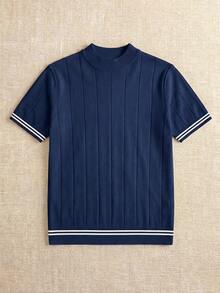 Men's Spring/Summer High Neck Short Sleeve Striped Knit Sweater, Slim Fit Retro Elegant Casual Designer Knitwear - Royal Blue - View 3