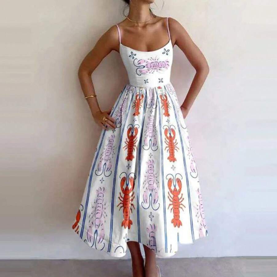 2026 Spring New Women's Clothing, Cross-Border European And American Dress, Sexy Waist-Cinching Pleated Solid Color Large Hem Strap Dress - 白底龍蝦 - 查看 1