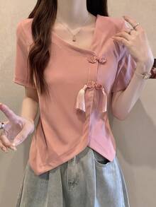 レディース チャイナ風 Tシャツ 半袖 カットソー トップス チャイナボタン タッセル Vネック アシンメトリー イレギュラーヘム デザイン性 高見え 個性派 モード系 着痩せ 体型カバー お腹周りカバー 華奢見え 骨格ウェーブ 骨格ストレート 大きいサイズ ゆったり きれいめ カジュアル 大人可愛い ブラック 黒 夏服 春夏 秋服 デイリー デート オフィスカジュアル お出かけ 女子会 上品 清楚 無地 シンプル 伸縮性 柔らかい 細見え 20代 30代 40代 50代 - ブラック - チェックする 8