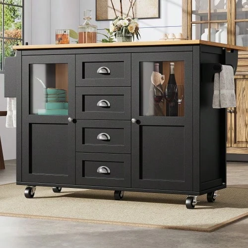 Kitchen Island Table, Cabinet, Dining Room Cabinet, 120x73 (45) X 93 Cm, Retractable Kitchen Trolley On Wheels, Towel Rack, Seasoning Rack, Adjustable Laminate, Four Drawers With Two Doors, White/Black - Black - View 1