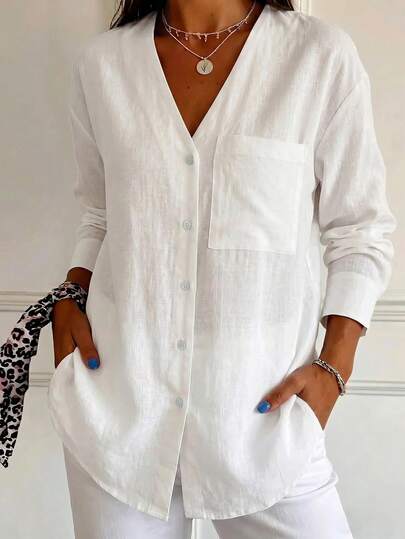 Women's New V-Neck Off-Shoulder Long Sleeve Lightweight Single-Breasted Front Pocket Loose Shirt, Fashionable Casual Elegant Basic Minimalist Comfortable For Outings, Work, Spring/Summer/Autumn