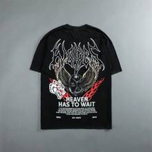 DARCSPORT American-Style Printed T-Shirt For Men, Summer  Loose-Fit Letter Print Round-Neck Short-Sleeve Top For Women - 黑色 - 查看 1
