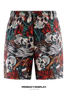 1pc Men's Versatile Floral & Skull Print Outdoor Drawstring Shorts Sports - Black - View 2