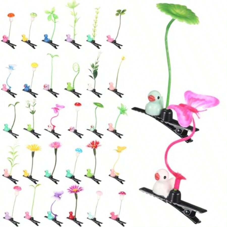 30 Pcs Rave Trinkets Festival Sprout Hair Clip Duck Bean Sprout Clips Spring Plant Flower Hairpins Funny Mixed Style Hair Accessories Valentines Easter Party Gift Birthday Party Favor - 五彩繽紛 - 查看 1