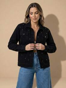 pthirillo Women's Black Denim Jacket, Maxi Oversized, 100% Cotton, Long Sleeve, Premium Style | Basic Or With Rhinestones, Party/Evening Look - 長釘 - 查看 7