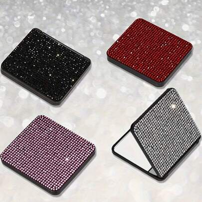 1个闪亮水晶折叠化妆镜 - 方形双面设计，适合放在手提包中，无需电池