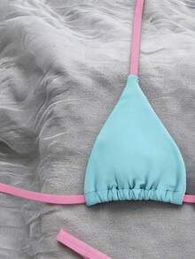 Bộ bikini hai mảnh cổ yếm phối màu tương phản thời trang, màu xanh dương và hồng tươi mát, thích hợp cho kỳ nghỉ biển. - Nhiều màu - Xem 4