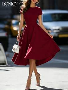 Women's Burgundy Round Neck Short Sleeve Tie-Waist Flare Midi Dress, Spring/Summer New Fashionable Elegant Dress For Valentine's Day Date, Wedding Guest, Party, Carnival - Burgundy - View 9