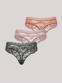 Hourtrue 3 件装 女士蕾丝透气低腰性感丁字裤内裤 - 彩色 - 查看 2