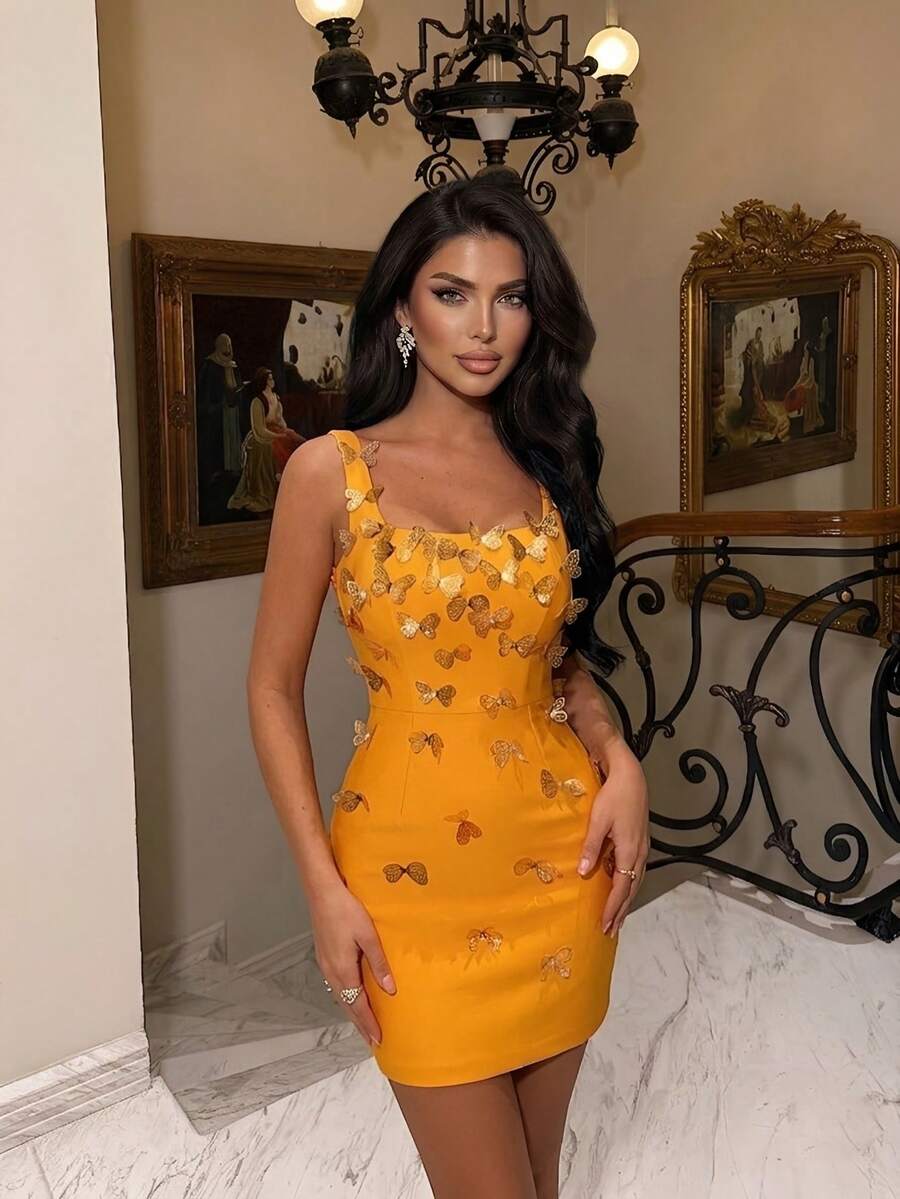 Elegant Sparkling Butterfly Bandage Mini Dress, Romantic, Spring/Summer - Orange - View 1
