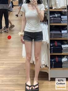 Áo thun nữ cổ chữ U tay ngắn màu trơn, áo lót dáng ôm thoải mái đa năng cho mùa hè. - Xám - Xem 2