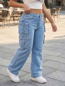 Plus Size Straight Leg Cargo Pants For Women - Rigid Denim Jeans With Utility Pockets, Non-Stretch Streetwear Trousers, Casual Everyday Fashion - 淺色水洗藍 - 查看 3