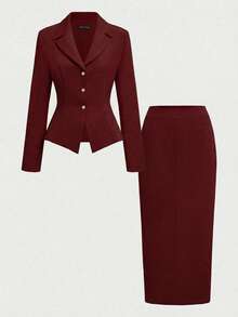 2pcs/Set Elegant Business Formal Suit Blazer + Slit Hem Skirt Outfit Spring - Burgundy - View 5