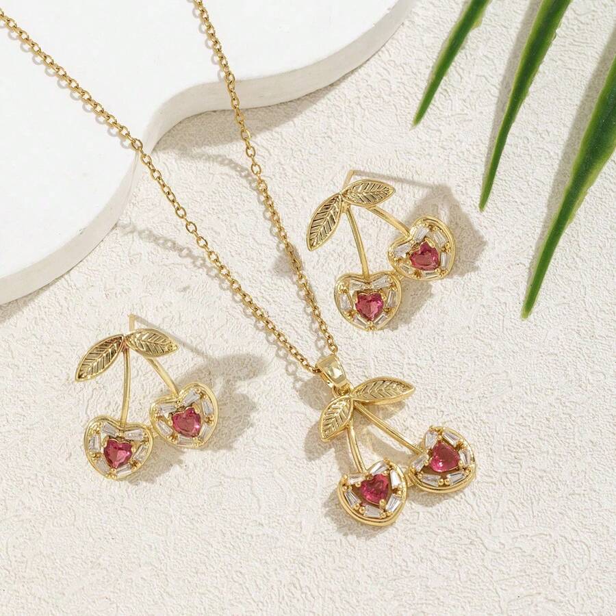 1pc Stainless Steel Cherry Pendant Necklace & Earrings Set, Versatile Luxury Fruit Cherry Design Jewelry, Gift - Golden Cherry - View 1