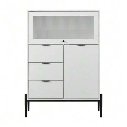 Sideboard With 3 Drawers, 1 Door And 1 Glass Door, Wooden Furniture With Storage Space For Kitchen, Dining Room, Hall, 85 X 40 X 120 Cm