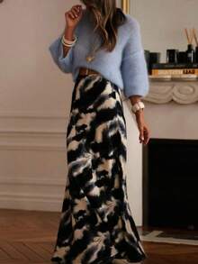 Vestido largo de estilo bohemio casual para mujer, de tela tejida sin estiramiento, silueta recta, decorado con un patrón artístico de teñido anudado para el verano - Gris oscuro - Ver 3