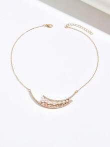 1 Pair Women's French Luxury Style Arc-Shaped Faux Pearl Necklace, Double-Layer Rhinestone Smile Clavicle Chain, Versatile For Dates, Formal Events, Weddings - Golden Yellow+White - View 2