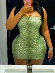 Fashionable New Green Snake Patterned Strapless Short Skirt With Cinched Waist For Slimming, Spicy Girl Style, Women's Sexy Hip Hugging Dress - 綠色3 - 查看 1