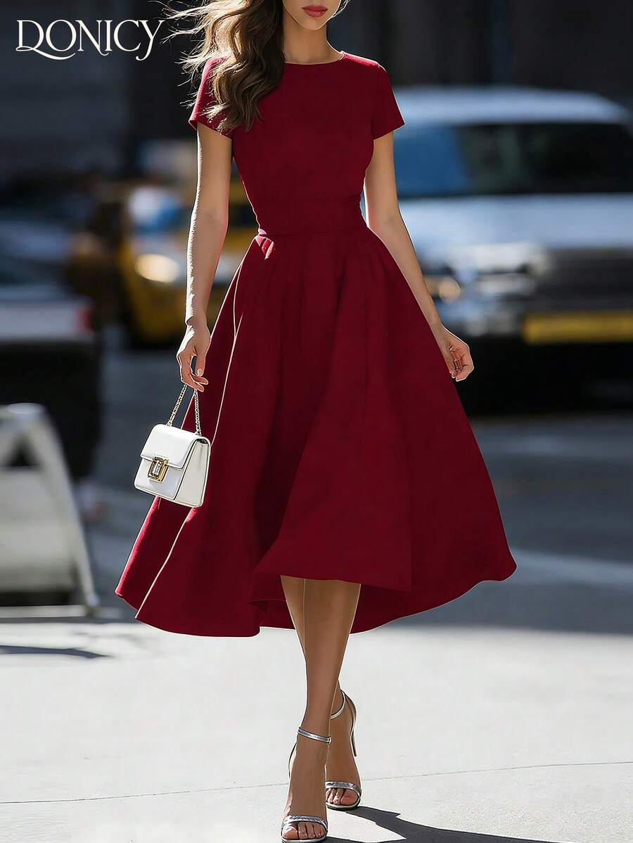 Women's Burgundy Round Neck Short Sleeve Tie-Waist Flare Midi Dress, Spring/Summer New Fashionable Elegant Dress For Valentine's Day Date, Wedding Guest, Party, Carnival - Burgundy - View 1