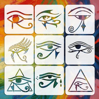 9pcs Reusable Washable Horus Eye Pattern Templates, Suitable For Ancient Egyptian Decor, Pharaoh Wall Art, Mythology Projects, T-Shirt Printing, Sacred Symbol Painting, Pyramid Design, Spiritual Decoration, Egyptian Historical Crafts And Mystical Art Creation