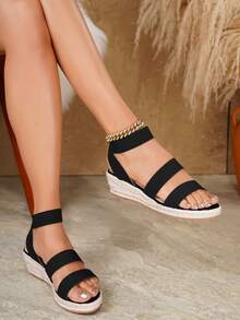 Giày sandal đế xuồng dệt kim thời trang nữ, thích hợp cho kỳ nghỉ. - màu đen - Xem 2