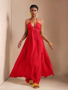 New Spring And Summer Casual Holiday Halter Neck Strapless Bust, Waist And Back A Swing Skirt With High Slit On The Front To The Thigh, Yellow Sea Stripe Women's Extra Long Dress-B Baby Blue Dress,Sun Dresses For Women - Đỏ - Xem 6