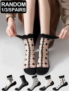 1/3/5 Pairs Random Black Lace Trim Mesh Breathable Women Ankle Socks, Spring/Summer - Black - View 1