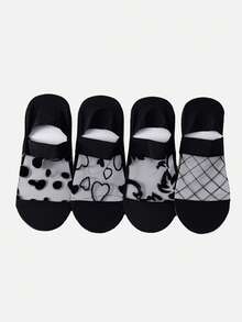 1/4/5双装女士薄款玻璃丝隐形船袜，超薄透气黑白印花低帮夏季袜 - 彩色 - 查看 3