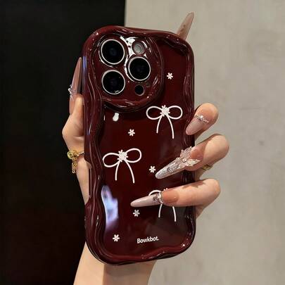 蝴蝶结彩绘平版印花酒红色奶油色纹理彩绘软壳，兼容 17/17PROMAX/ 16/ 16 Pro/ 16 Pro Max/ 15/XR/7P/8P/P12 Pro Max/P13 Pro Max/P14 PRO Max/P13/P14/P11/P12/P14，可爱时尚加厚手机壳，保护套适用于 XS/S/XS Max/78GES2