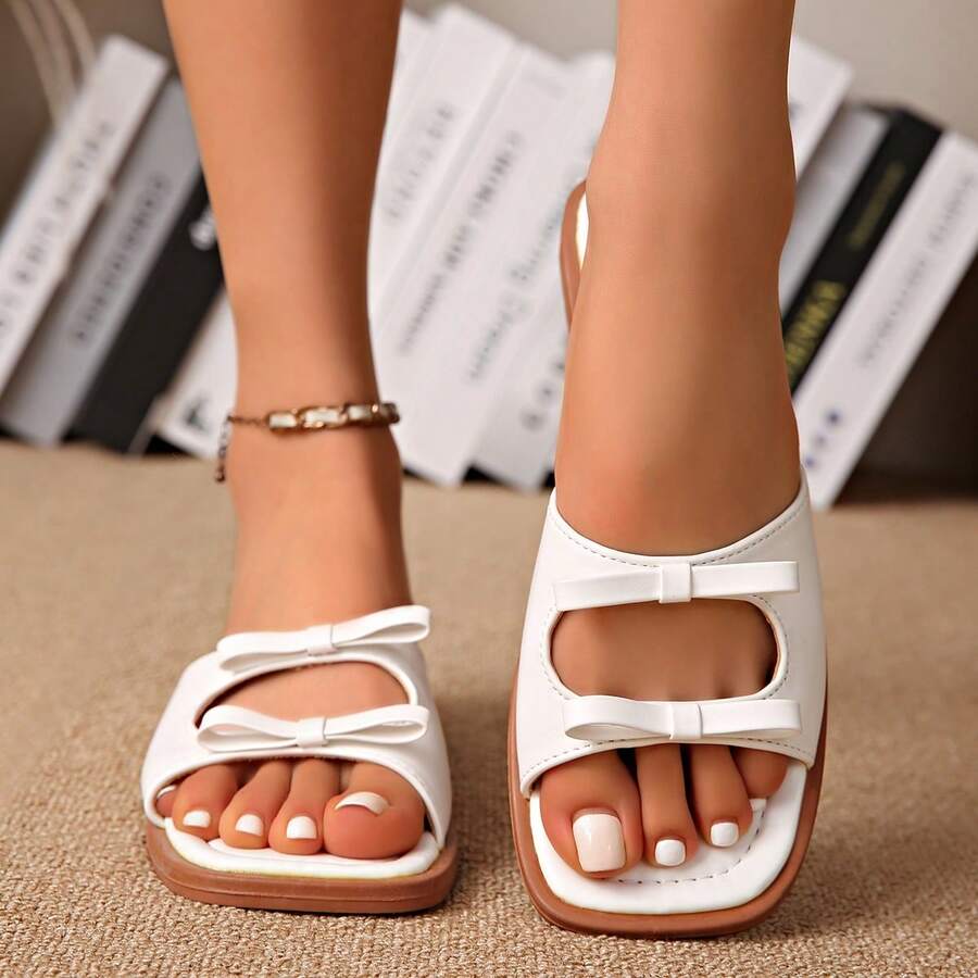 Zapatilla De Mujer De Verano Elegante Y Versátil Con Diseño De Lazo Decorativo Francés, Tacones Bajos De 2,3 Cm Con Diseño Hueco Vintage, Perfecto Para Exteriores - Blanco - Ver 1